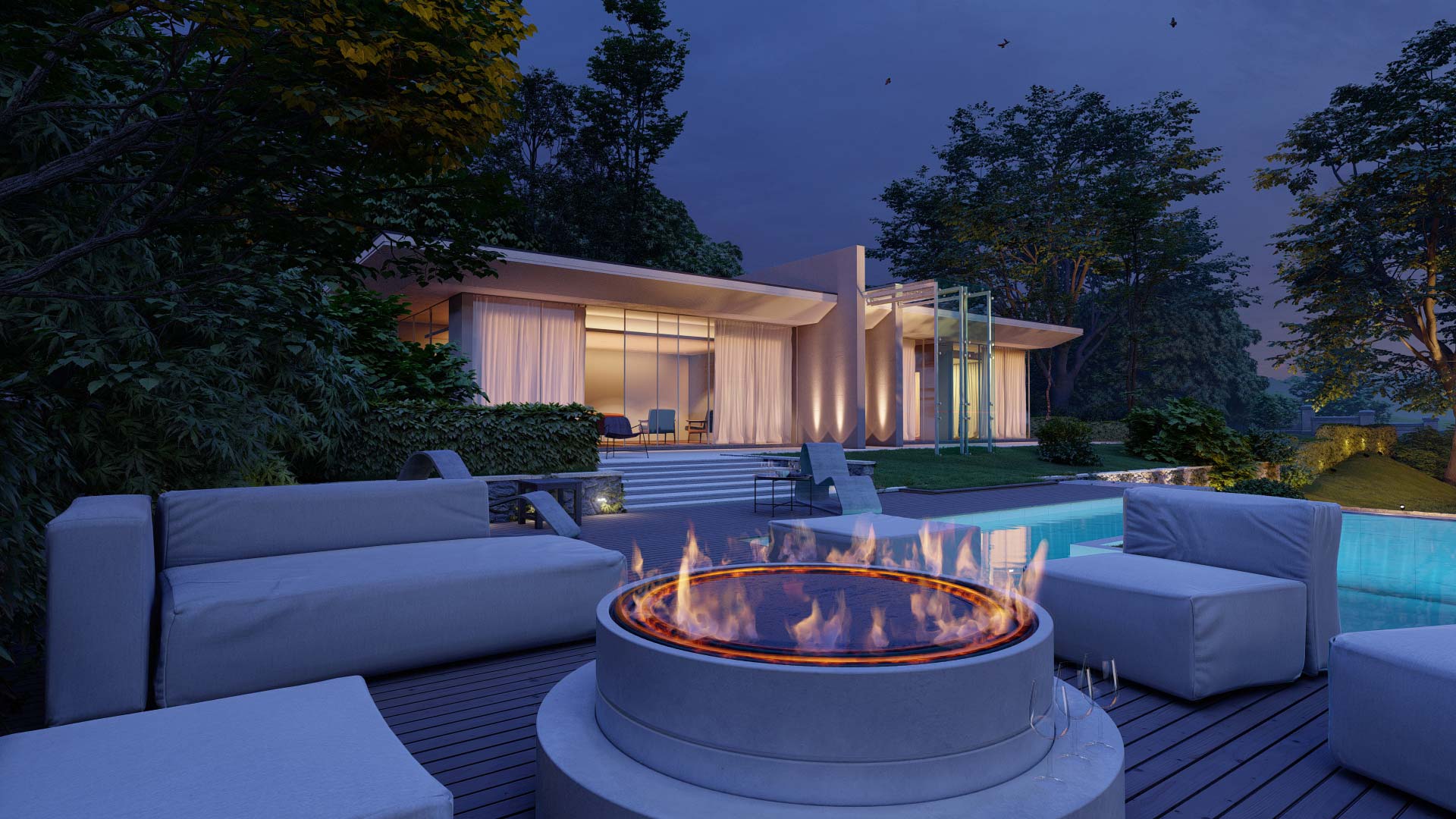 Residential house with outdoor fire pit