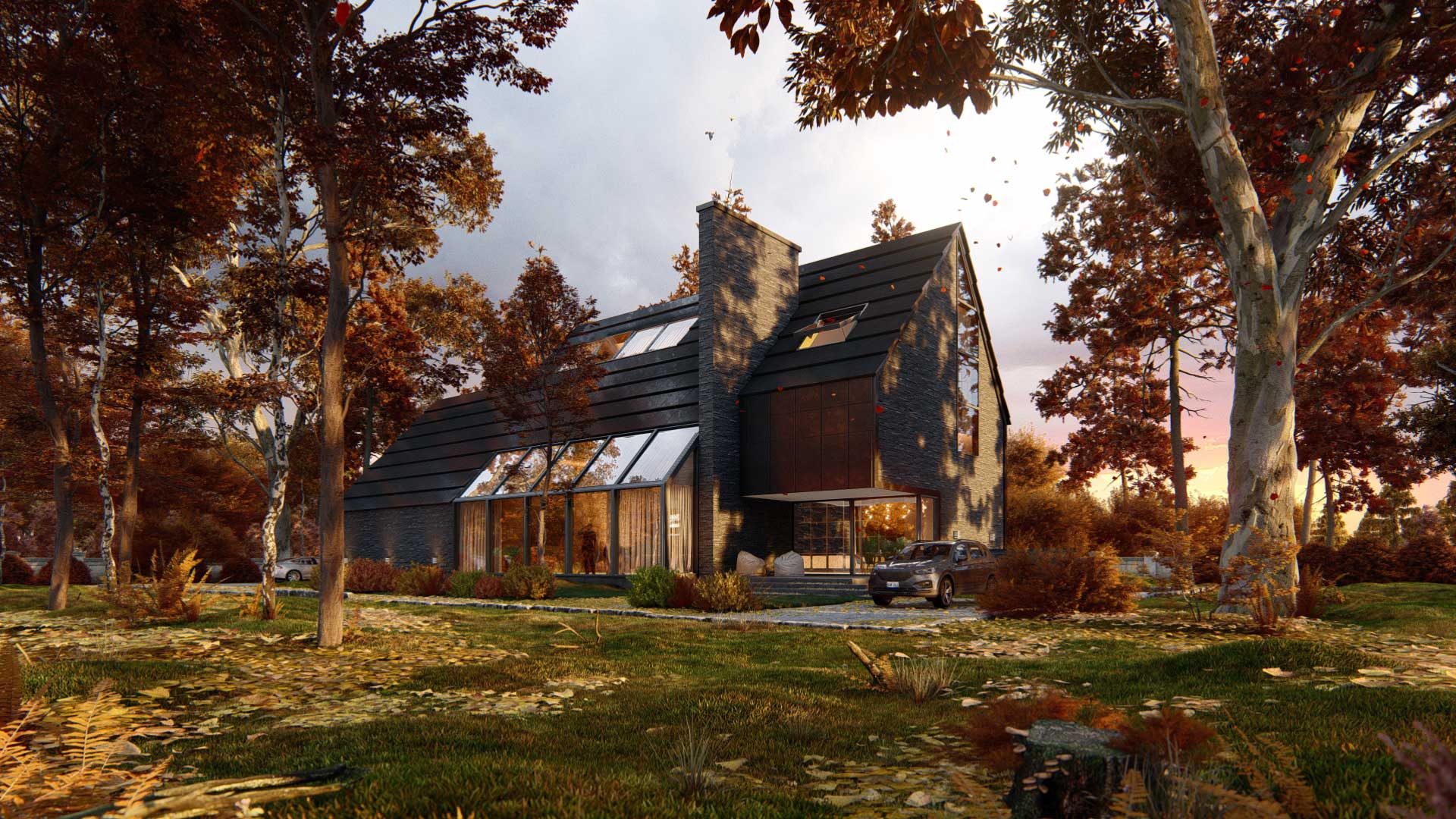 House in forest during autumn, rendered in Lumion architectural visualization software